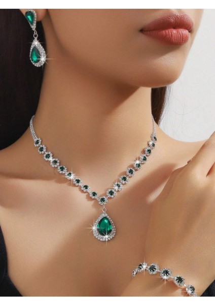 Gümüş Kaplama Rose Kolye Küpe ve Bileklik Seti 3'lü Set Davet Düğün Nişan Abiye