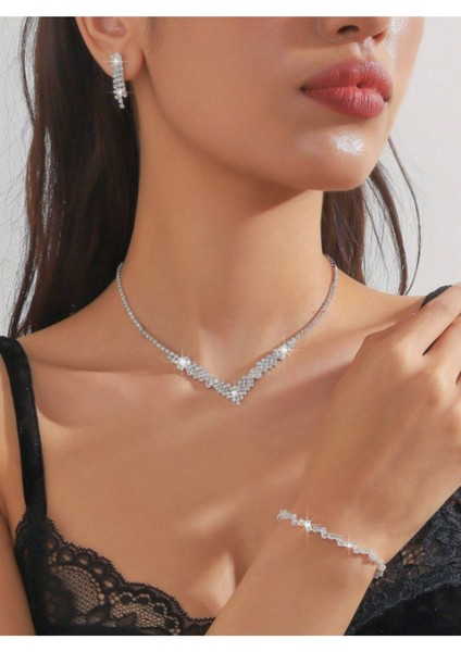 Gümüş Kaplama Elif Kolye, Küpe ve Bileklik Seti 3'lü Set Davet Düğün Nişan Abiye