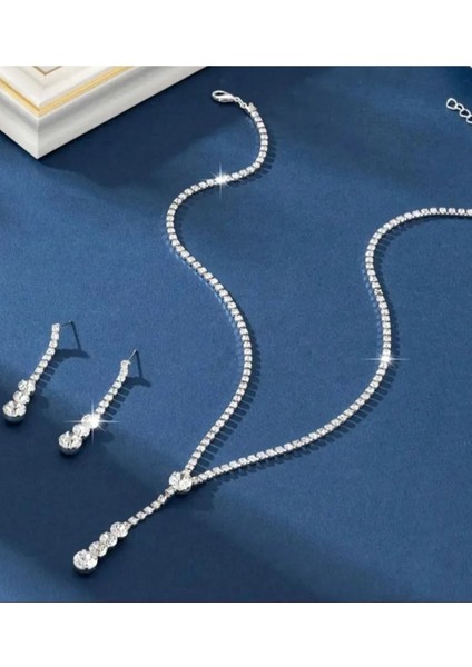 Gümüş Kaplama Defne Damla Kolye,küpe Seti 2'lü Set Davet Düğün Nişan Abiye