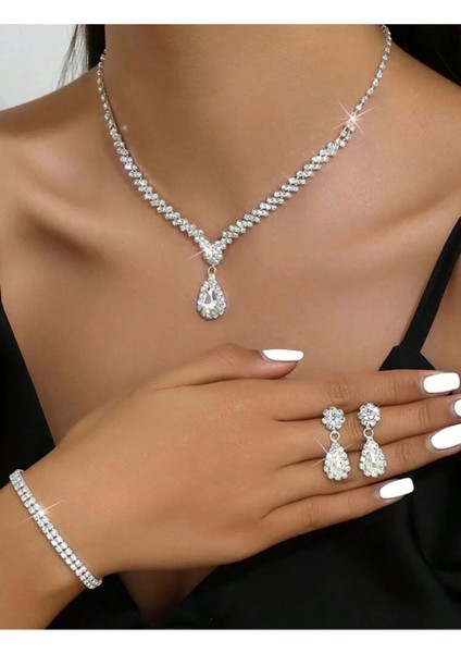 Gümüş Kaplama Derin Kolye, Küpe ve Bileklik Seti 3'lü Set Davet Düğün Nişan Abiye