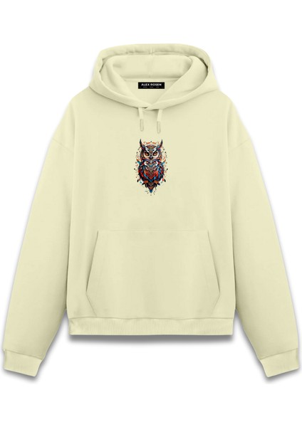 Baskılı Krem Oversize Fit Pamuklu Kapüşonlu Sweatshirt