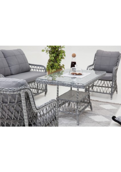 Twist Alüminyum Rattan Bahçe Balkon Oturma Grubu (2+1+1+M)