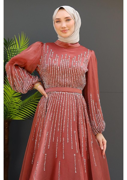 Önü ve Kolu Taşlı Abiye Soft Turuncu