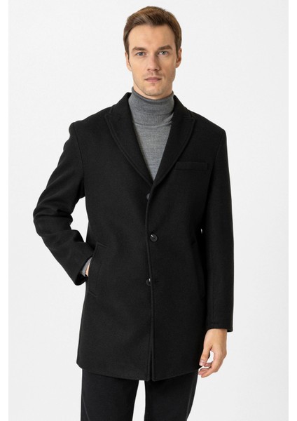 Bol Kesim Sivri Yaka Düz Siyah Erkek Kaban fiyatları