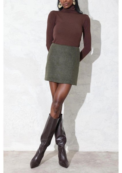 Kadın Premium Kalite Haki Kaşe Mini Etek