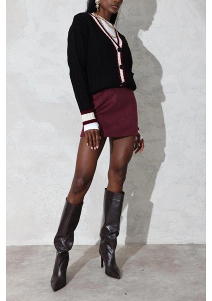 Kadın Premium Kalite Bordo Kaşe Mini Etek