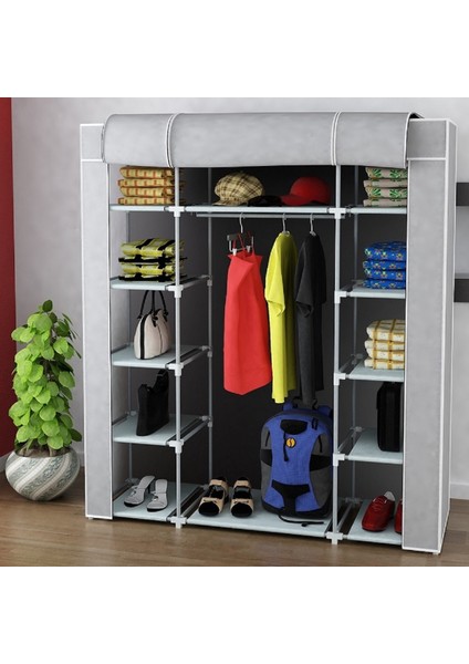 Bez Dolap Plastik Profilli 12 Raf+60 cm Askı Portatif Dolap Gri