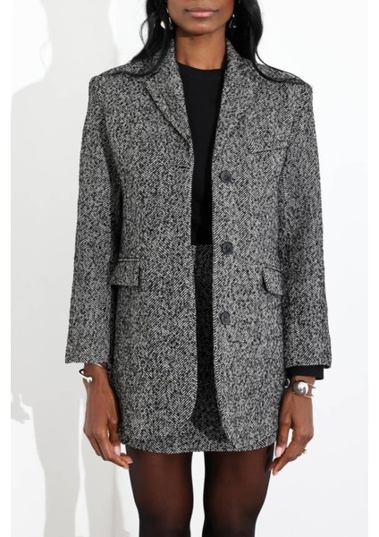 Kadın Premium Kalite Oversize Vatkalı Balıksırtı Desenli Blazer Ceket