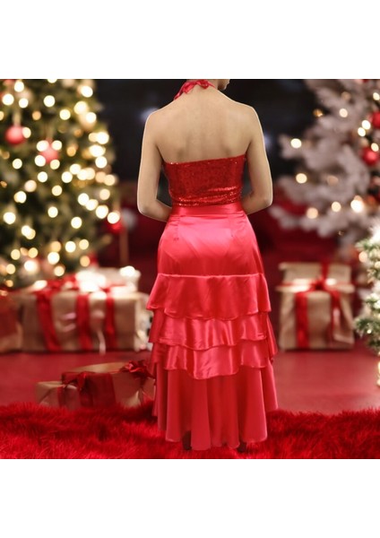 Kırmızı Flamingo Etek/Pul Payet Çıtçıtlı Body