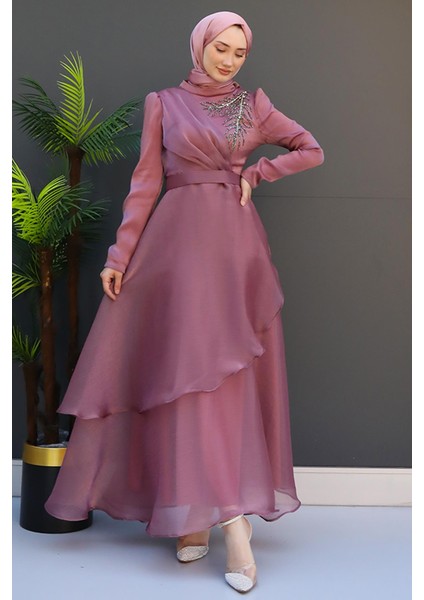 Taşlı Organze Abiye Fuşya fiyatları