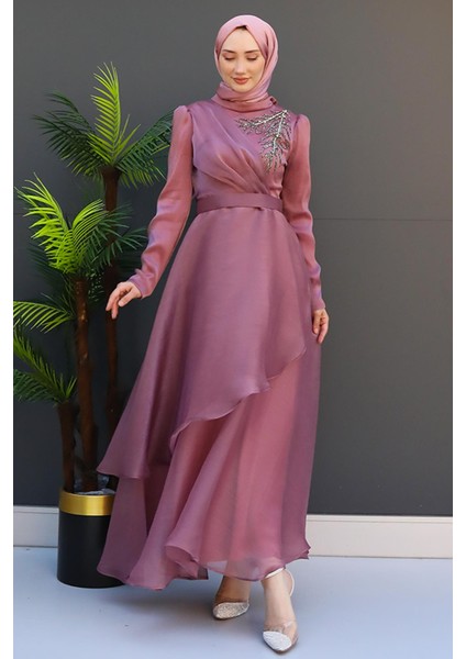 Taşlı Organze Abiye Fuşya fırsatları