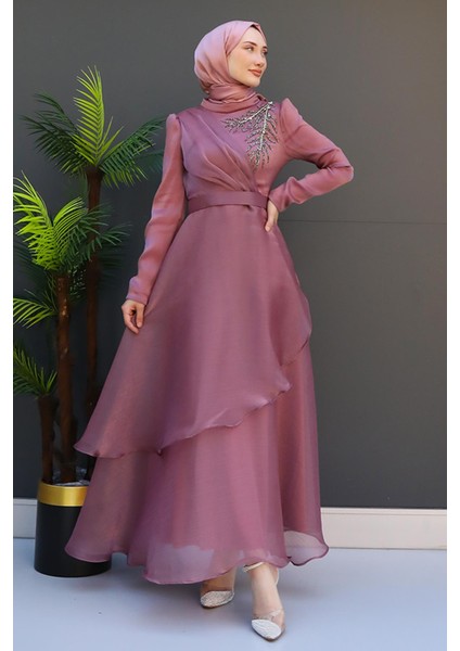 Taşlı Organze Abiye Fuşya