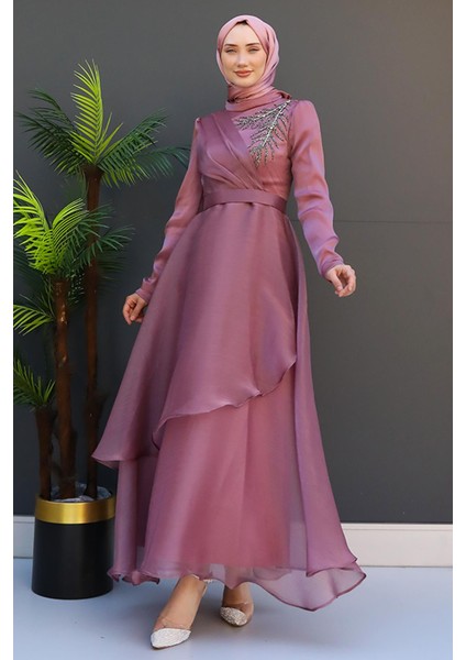 Taşlı Organze Abiye Fuşya modelleri