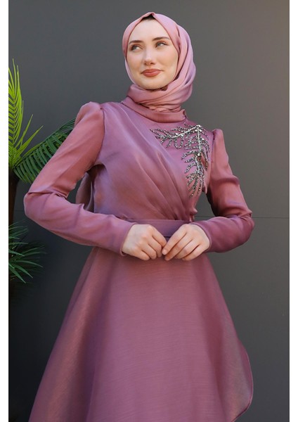 Taşlı Organze Abiye Fuşya indirimleri