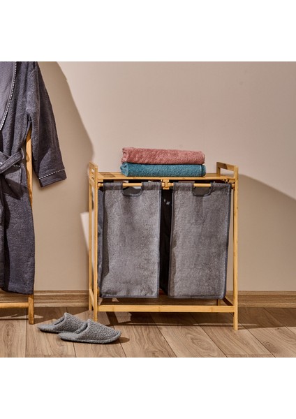2 Bölmeli Bambu Kirli Çamaşır Sepeti - Gri / Bej - 74 cm