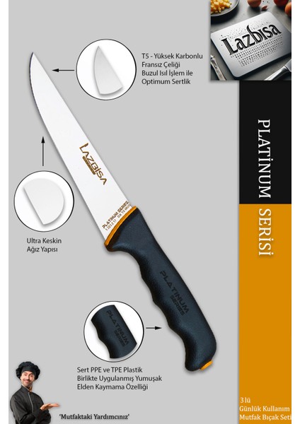 Platinum Serisi Mutfak Bıçak Seti Et Ekmek Sebze Meyve Bıçağı 3 Lü Set Günlük Kullanım (MFT-247)