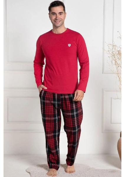 Pamuklu, Erkek Pijama Takımı, Bisiklet Yaka, Uzun Kollu, Ekose Desenli