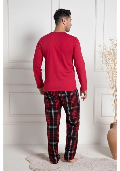 Pamuklu, Erkek Pijama Takımı, Bisiklet Yaka, Uzun Kollu, Ekose Desenli