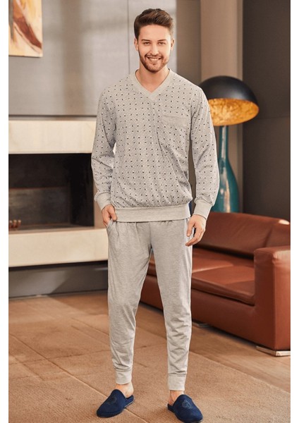 %100 Pamuklu, V Yaka, Cepli Uzun Kollu Mevsimlik Erkek Pijama Takımı