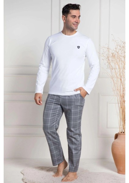 Erkek Pijama Takımı, Mevsimlik, Pamuklu, Bisiklet Yaka, Uzun Kollu, Ekose Desenli Beyaz modelleri