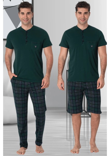 %100 Pamuklu, 3'lü Erkek Pijama & Şort Takımı, Kısa Kollu, Yakası Düğmeli, Ekose Desenli