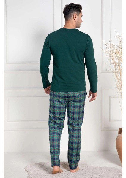 Erkek Pijama Takımı, Mevsimlik, Pamuklu, Bisiklet Yaka, Uzun Kollu, Ekose Desenli Yeşil