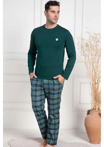Erkek Pijama Takımı, Mevsimlik, Pamuklu, Bisiklet Yaka, Uzun Kollu, Ekose Desenli Yeşil