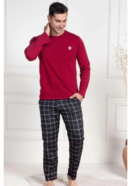 Erkek Pijama Takımı, Mevsimlik, Pamuklu, Bisiklet Yaka, Uzun Kollu, Ekose Desenli Bordo
