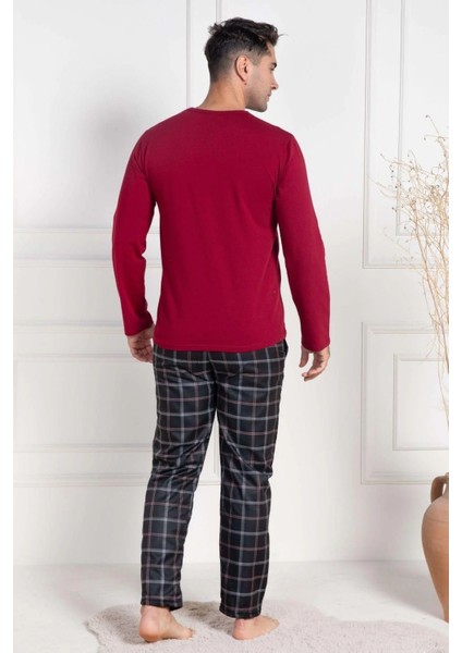 Erkek Pijama Takımı, Mevsimlik, Pamuklu, Bisiklet Yaka, Uzun Kollu, Ekose Desenli Bordo modelleri