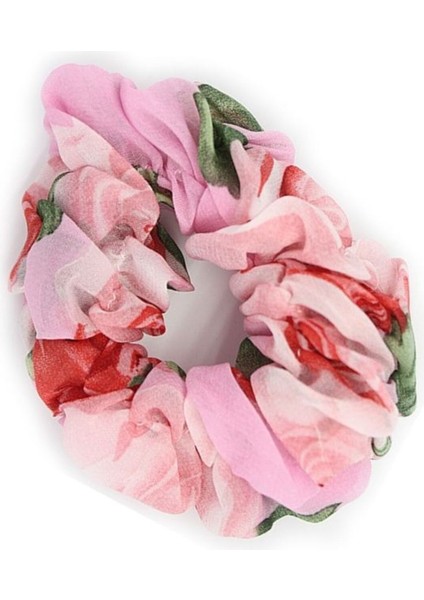 Pembe Şifon Çiçek Desenli Kadın Saç Tokası, Lastik Toka 201 155