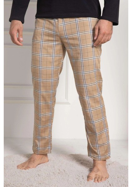 Erkek Pijama Takımı, Mevsimlik, Pamuklu, Bisiklet Yaka, Uzun Kollu, Ekose Desenli Siyah