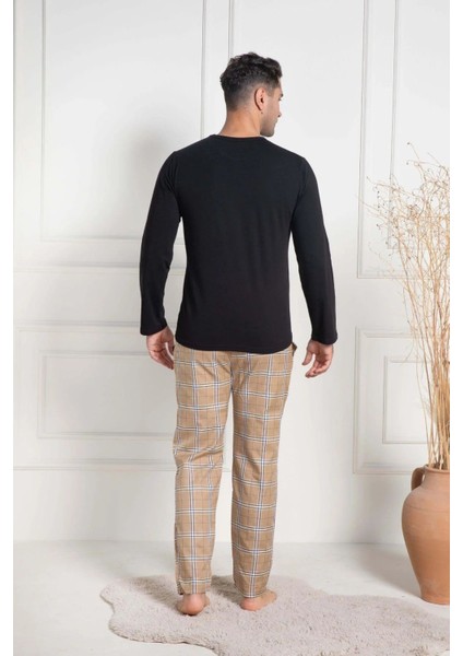 Erkek Pijama Takımı, Mevsimlik, Pamuklu, Bisiklet Yaka, Uzun Kollu, Ekose Desenli Siyah