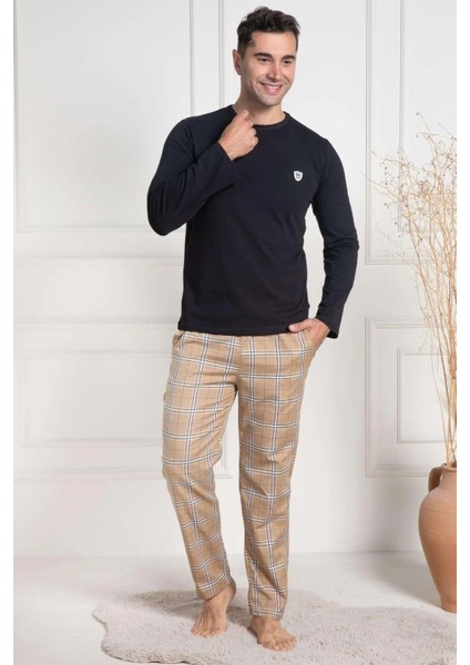 Erkek Pijama Takımı, Mevsimlik, Pamuklu, Bisiklet Yaka, Uzun Kollu, Ekose Desenli Siyah