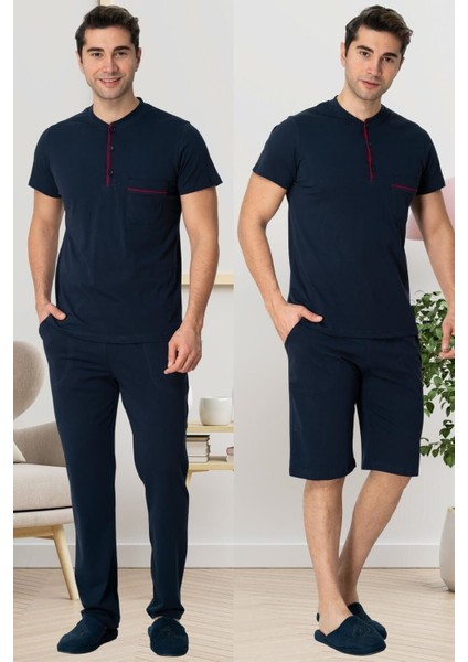 %100 Pamuklu, 3'lü Erkek Büyük Beden Pijama & Şort Takımı 2769