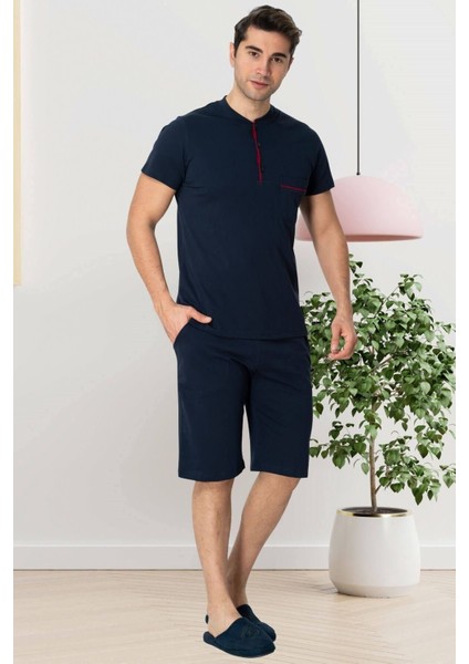 %100 Pamuklu, 3'lü Erkek Büyük Beden Pijama & Şort Takımı 2769