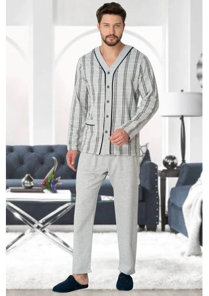 Pamuklu, Önden Düğmeli, Uzun Kollu, Büyük Beden Erkek Pijama Takımı Sonbahar & Kış Sezonu
