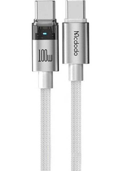 CA-5582 Type-C To Type-C 100W Şeffaf Kablo Şarj Işığı Ile Beyaz