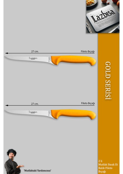 Gold Serisi Mutfak Fileto Bıçağı Steak Bıçak Et Balık Tavuk Kesme Fileto Bıçağı 2 Li Set ( Mft-020 )