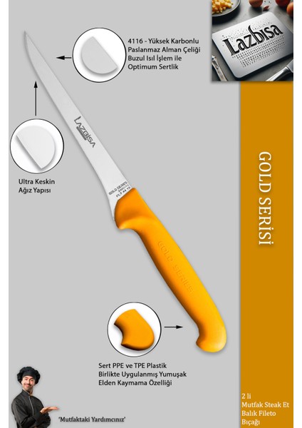 Gold Serisi Mutfak Fileto Bıçağı Steak Bıçak Et Balık Tavuk Kesme Fileto Bıçağı 2 Li Set ( Mft-020 )