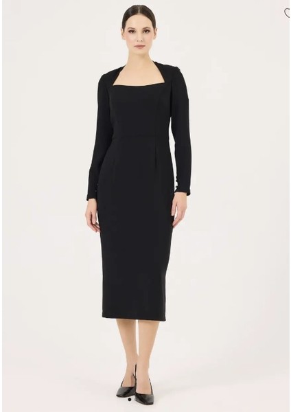 Kadın Kare Yaka Midi Boy Şık Elbise - Siyah