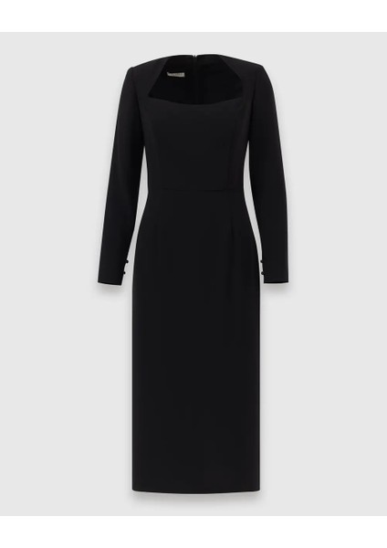 Kadın Kare Yaka Midi Boy Şık Elbise - Siyah fiyatları