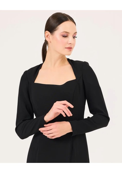 Kadın Kare Yaka Midi Boy Şık Elbise - Siyah fırsatları