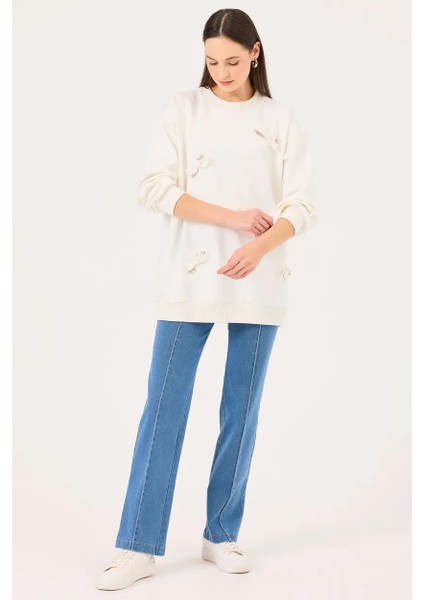 Kadın Yuvarlak Yaka Taş Detaylı Sweatshirt - Ekru