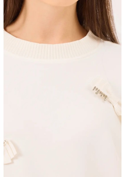 Kadın Yuvarlak Yaka Taş Detaylı Sweatshirt - Ekru