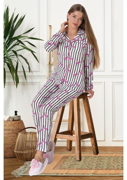 Pamuklu & Viskon, Flamingo Desenli, Gömlek Yaka, Uzun Kollu Kadın Pijama Takımı