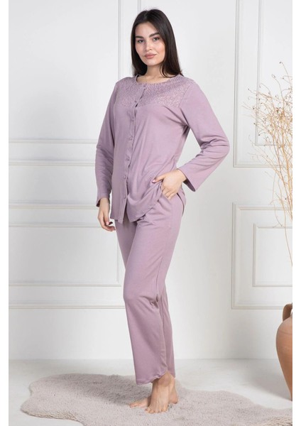Önden Düğmeli, Uzun Kollu, Cepli, Kadın Pijama Takımı, Yakası Dantelli, Pamuklu & Viskon