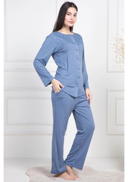 Önden Düğmeli, Uzun Kollu, Cepli, Kadın Pijama Takımı, Yakası Dantelli, Pamuklu & Viskon