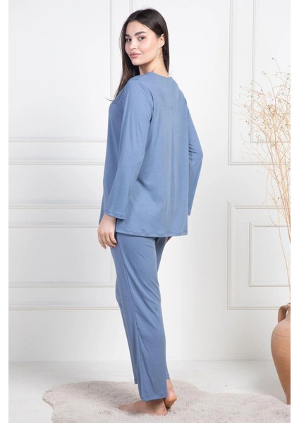 Önden Düğmeli, Uzun Kollu, Cepli, Kadın Pijama Takımı, Yakası Dantelli, Pamuklu & Viskon