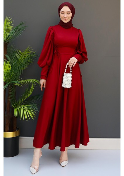 Ip Kuşaklı Elbise Bordo