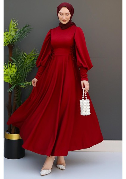 Ip Kuşaklı Elbise Bordo